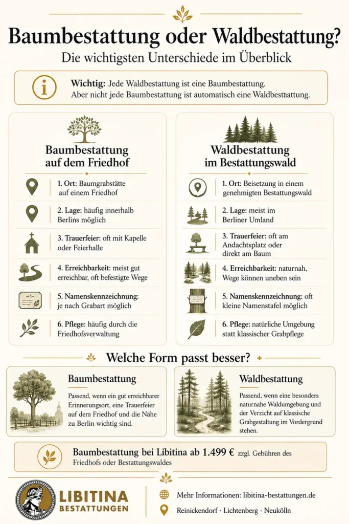 Infografik zum Unterschied zwischen Baumbestattung auf einem Friedhof und Waldbestattung im Bestattungswald