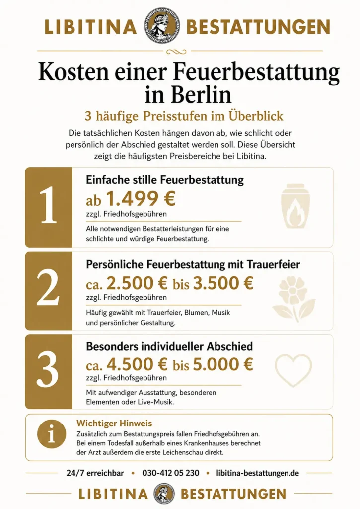 Infografik zu den Kosten einer Feuerbestattung in Berlin mit drei Preisstufen bei Libitina