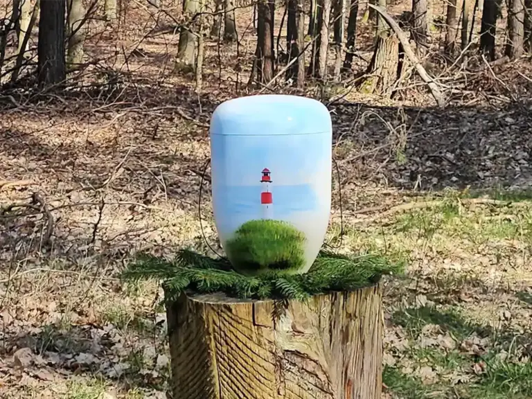 Urne mit Leuchtturmmotiv auf einem Baumstumpf in einem Bestattungswald